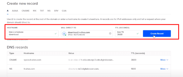 Crea un record in digitalocean