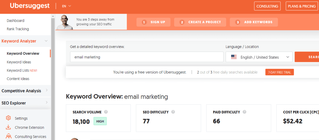 Instrumentul de cercetare a cuvintelor cheie Ubersuggest