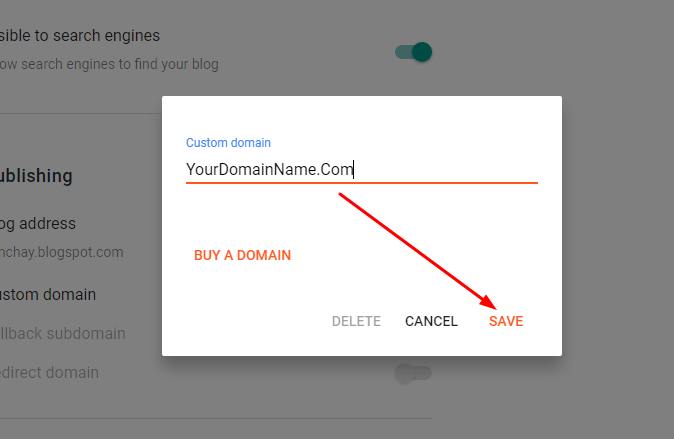 aggiungi un nome di dominio personalizzato nel passaggio 2 del blogger