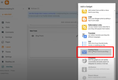 aggiungi la pagina dei contatti in blogger