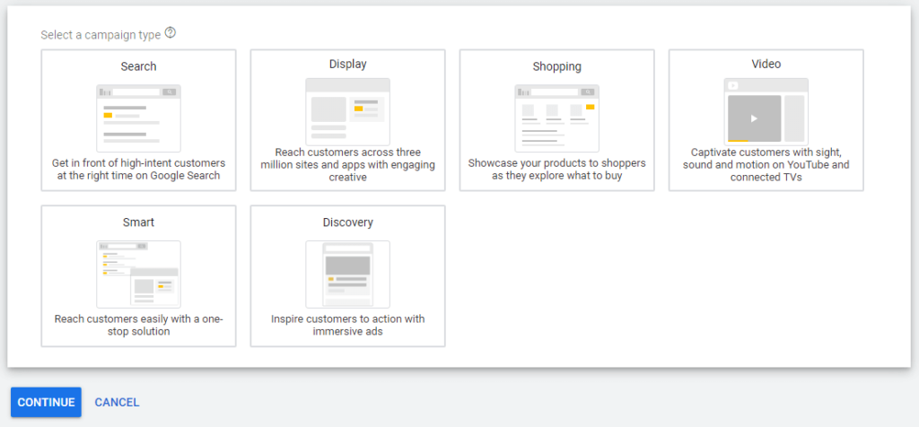 Samouczek Google Ads Wybierz typ kampanii