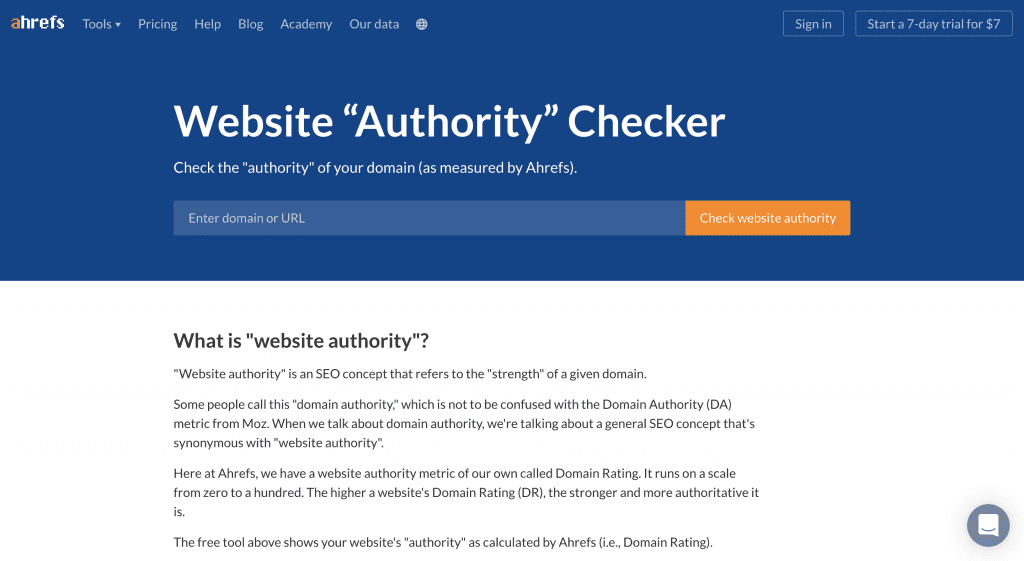 Uma captura de tela do site Authority Checkeran da Ahrefs no blog digital pr por mediatoolkit