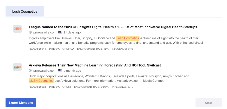 Lista postărilor unui anumit influencer în Mediatoolkit dintr-un blog de ascultare socială
