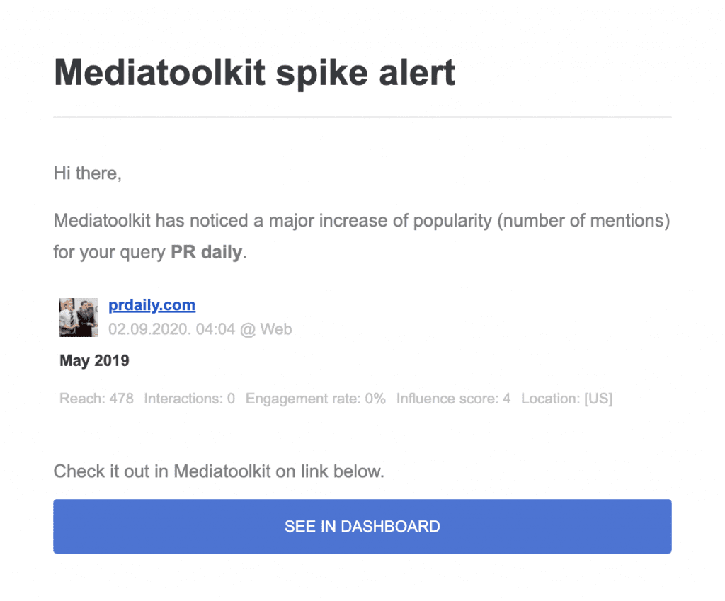 O alertă Mediatoolkit Spike de la un blog despre ascultarea socială