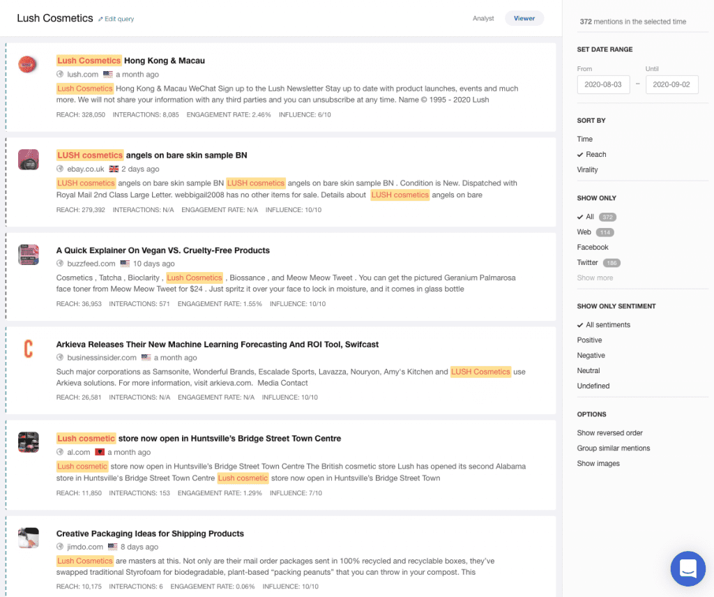 o captură de ecran a unui flux plin cu mențiuni despre „produse cosmetice luxuriante” urmărite de mediatoolkit, un instrument de monitorizare a media și de ascultare socială