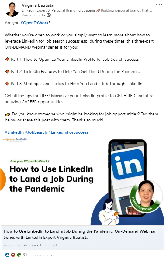 #AreYouOpenToWork - Publication LinkedIn de Virginia Bautista