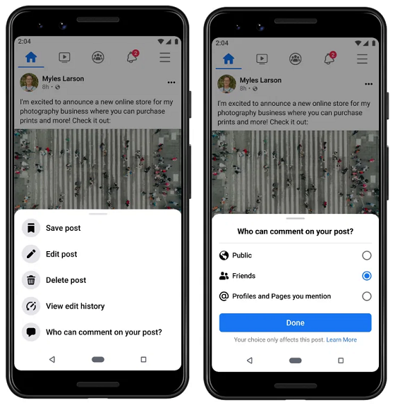 Controles de comentários do Facebook
