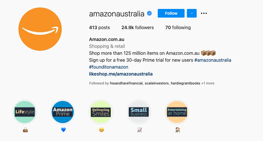 Biografia Instagram a Amazon Australia