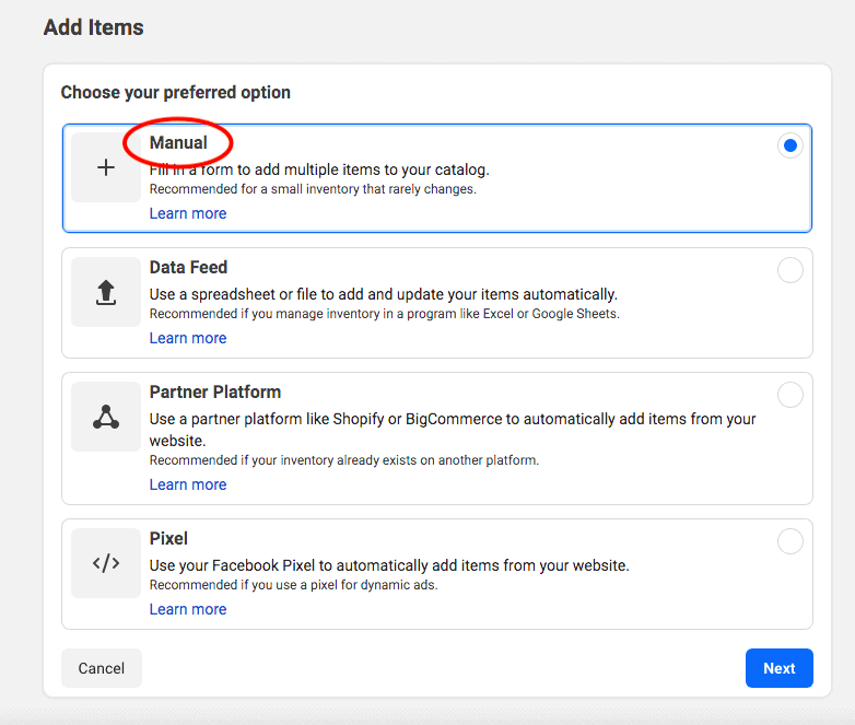 Alegeți manualul în „adăugați articole”