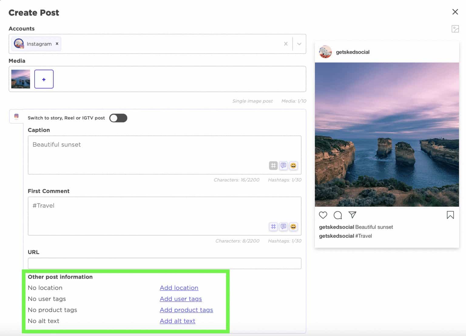 Adăugarea etichetelor de produse la postarea Instagram pe Sked Social