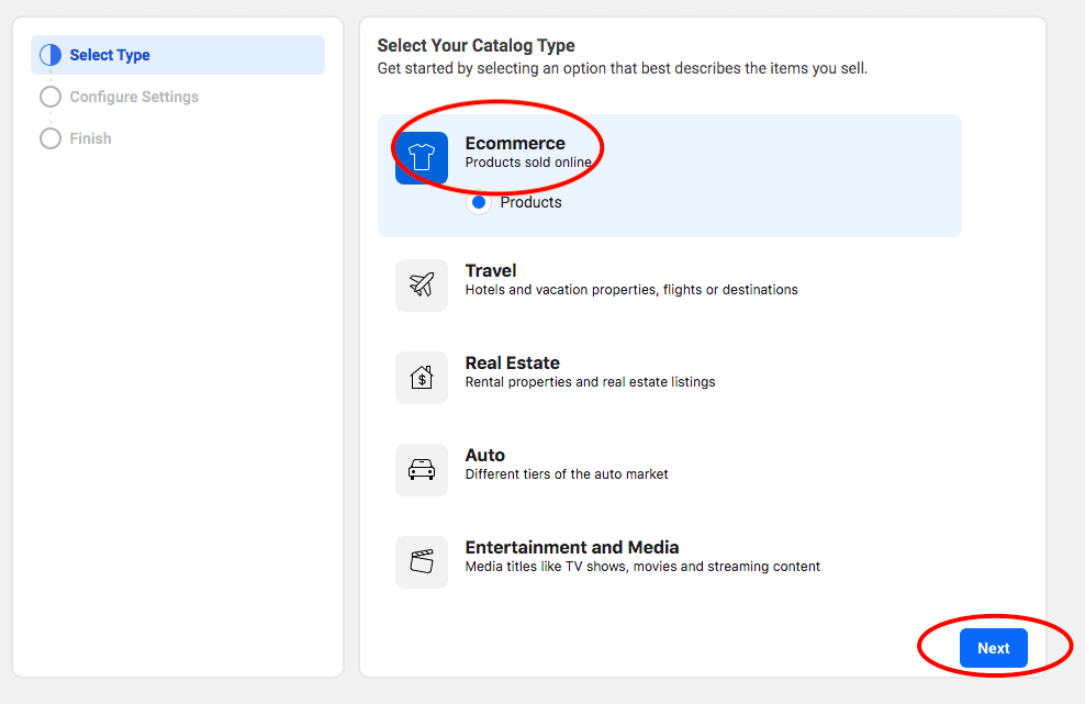 Selectați eCommerce în tipul de catalog