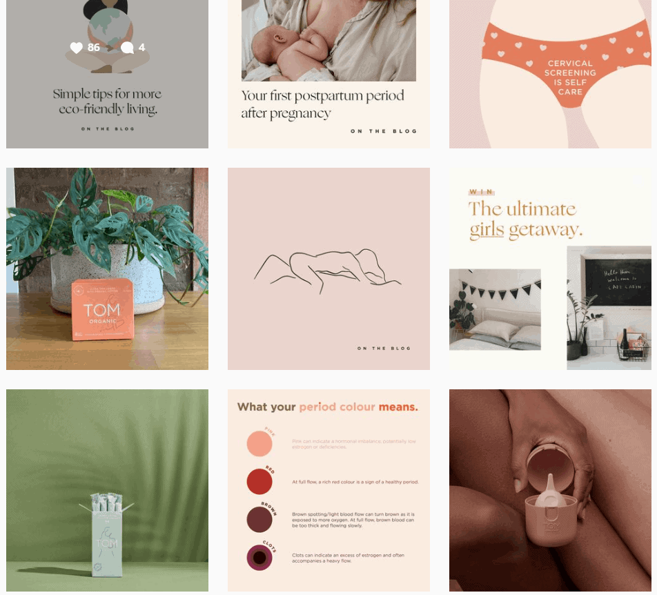 Paleta de culori potrivită a lui TOM organic în feedul lor de Instagram