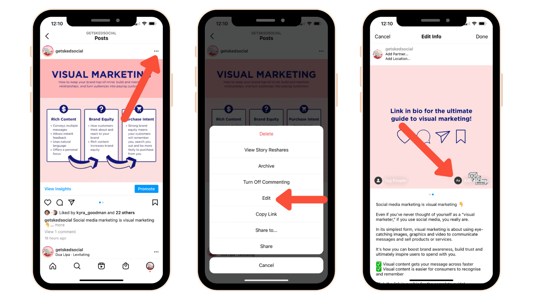 سلسلة من لقطات الشاشة توضح عملية إضافة أو تحرير نص بديل على صور Instagram الموجودة كما هو موضح في المقالة.