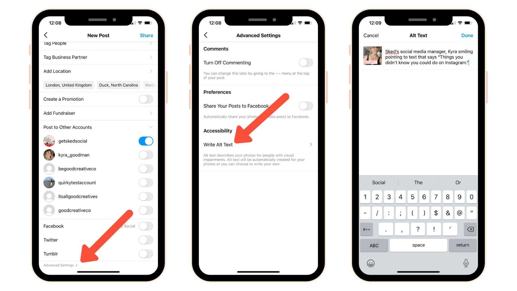 سلسلة من لقطات الشاشة توضح عملية إضافة نص بديل إلى منشورات Instagram كما هو موضح في المقالة.