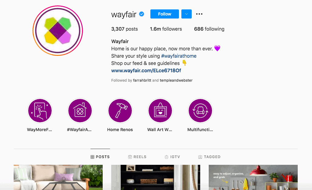 Wayfair'in Instagram ana sayfası, kullanıcıların stillerini #wayfairathome hashtag'iyle paylaşmalarını istiyor