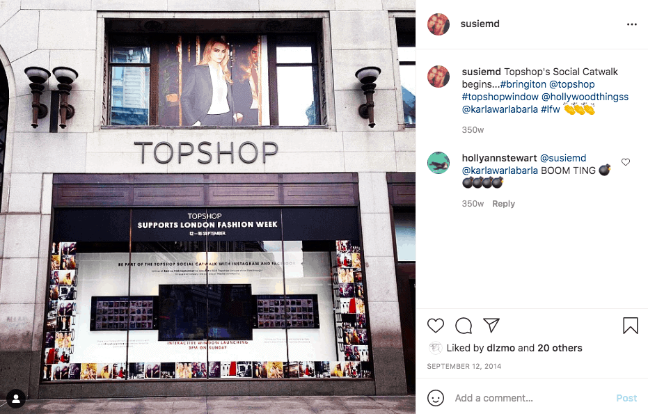 Postagem no Instagram da loja TopShop executando uma passarela virtual