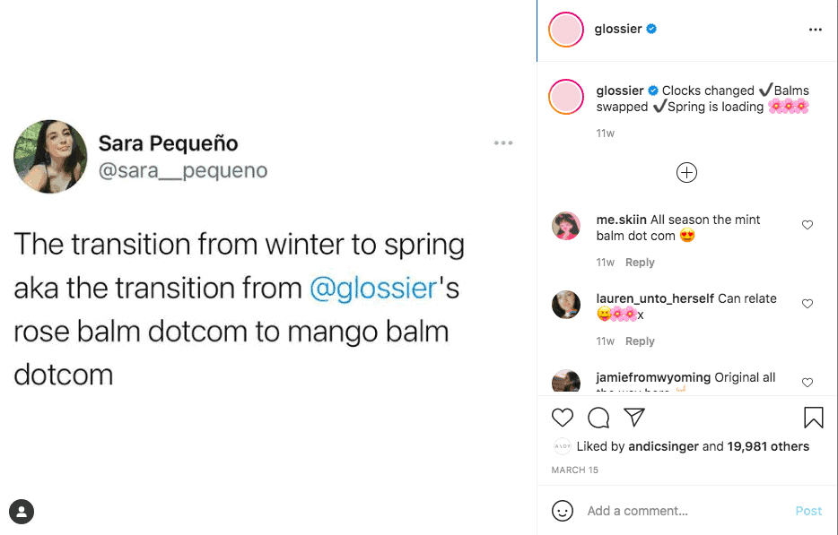 Post do Twitter republicado no Instagram falando sobre como o usuário muda os produtos Glossier conforme a estação muda