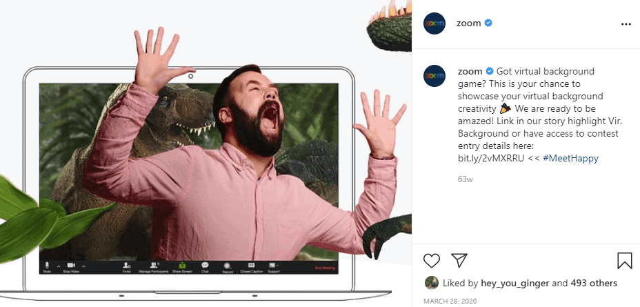 Postare pe Instagram cu zoom în care apar un bărbat care se preface că fuge de un t-rex în timpul unui apel de zoom