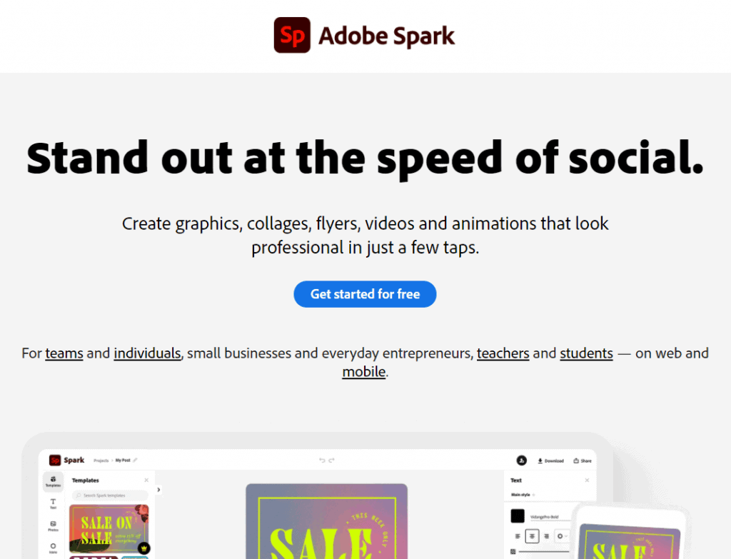 Instrument de creare a designului grafic Adobe Spark