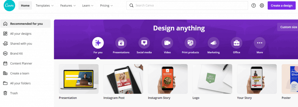 Tabloul de bord Canva