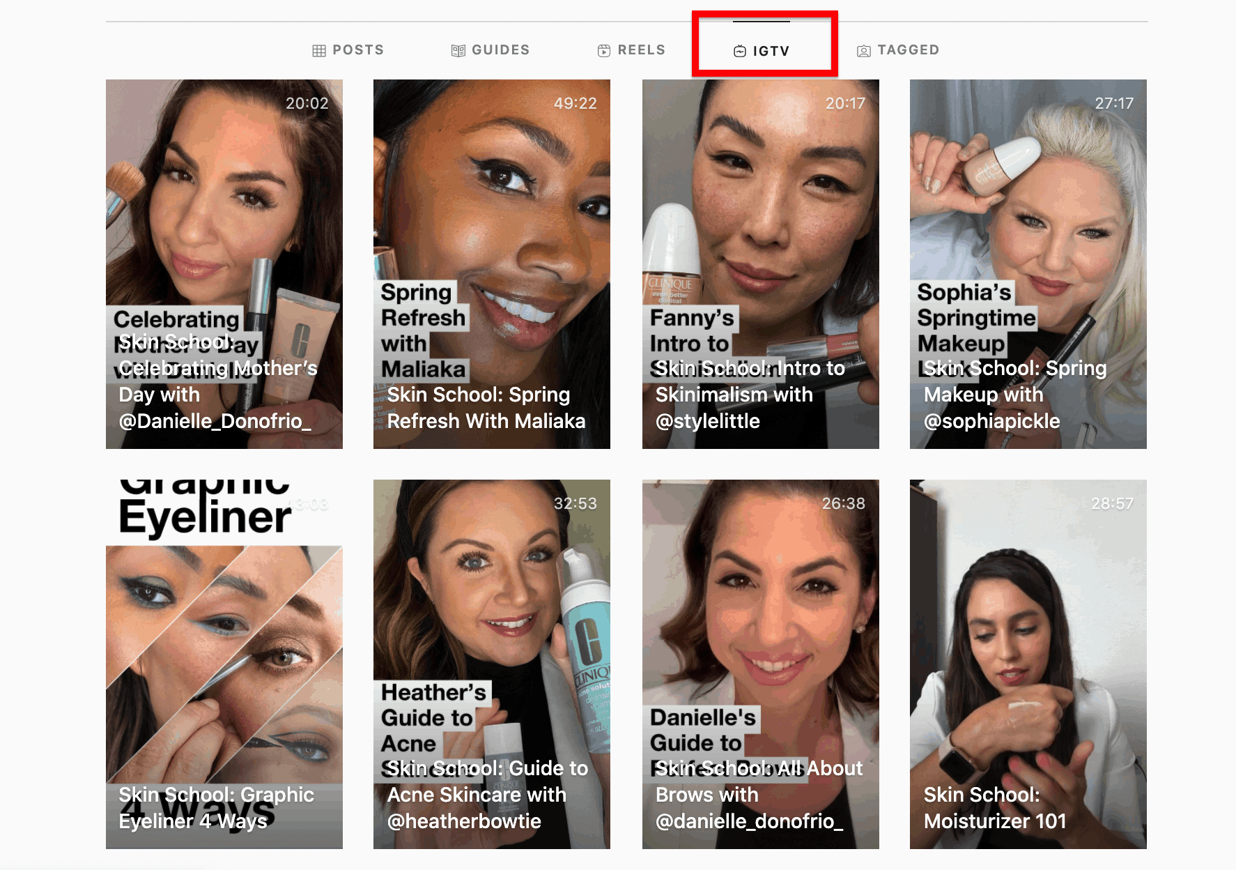 IGTV 시리즈 썸네일에서 크리니크 제품을 들고 있는 여성들