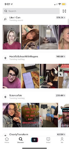 최신 인기 동영상을 제공하는 TikTok 검색 페이지