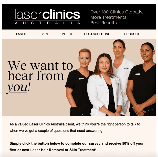 Sondaggio e-mail di Laser Clinics Australia che offre ai propri clienti uno sconto del 50% sul prossimo trattamento