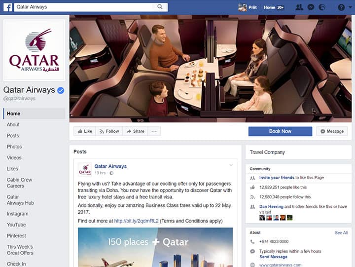 Страница Qatar Airways в фейсбуке
