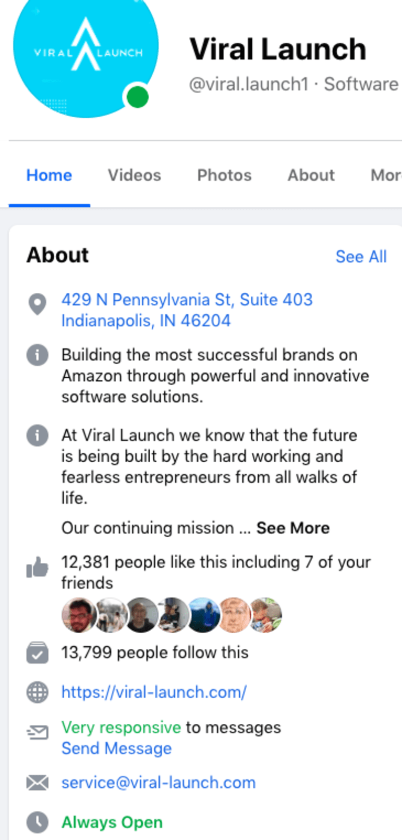Die Facebook-Startseite von Viral Launch