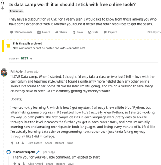 Opinia lui DataCamp pe Reddit