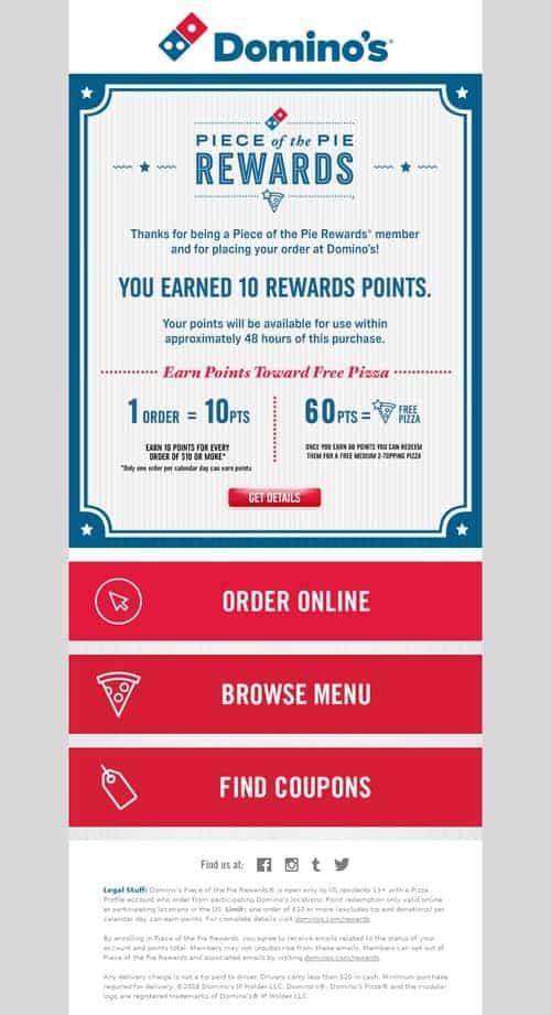 来自 Domino 的奖励和忠诚度计划电子邮件
