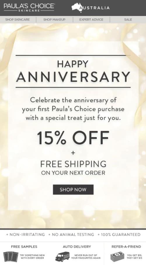 Paula's Choice 的周年快乐电子邮件