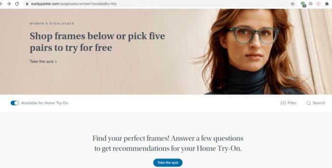 Warby Parker recopila direcciones de correo electrónico incitando a las personas a realizar un cuestionario para recibir marcos de prueba gratuitos en el hogar