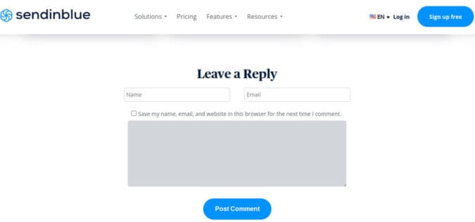 Sendinblue captura las direcciones de correo electrónico de las personas que publican una respuesta a sus publicaciones de blog.