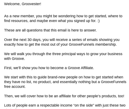 Ein Beispiel für die Onboarding-E-Mails von GroovesFunnel