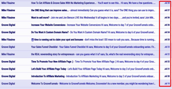 Ein Beispiel dafür, wie Groovesfunnel jeden Tag E-Mails verschickt, um dem Abonnenten zu helfen, die Flatform zu verstehen