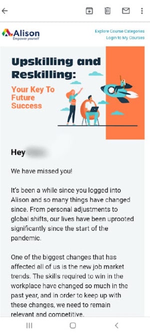 Ein Beispiel der E-Mail erinnert den Abonnenten an die Vorteile, die er während seines Abonnements hatte