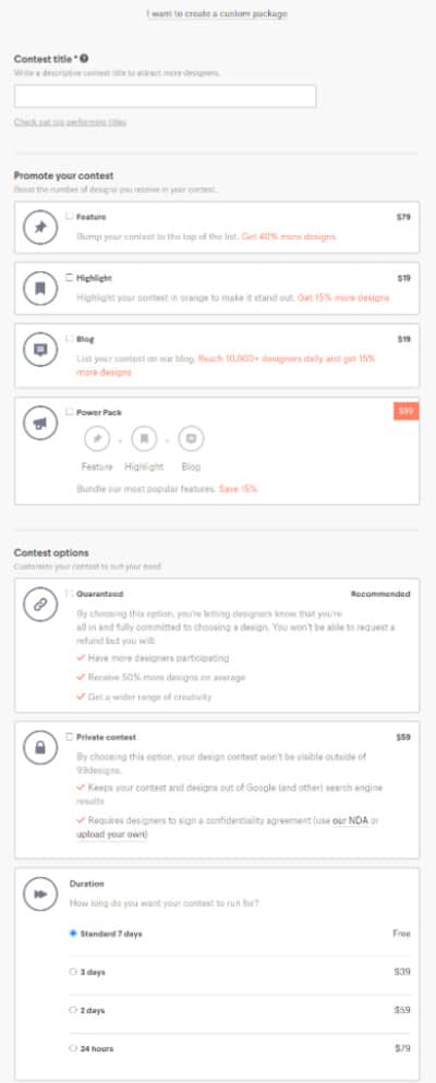 Alle zusätzlichen Optionen, die 99designs vorschlägt