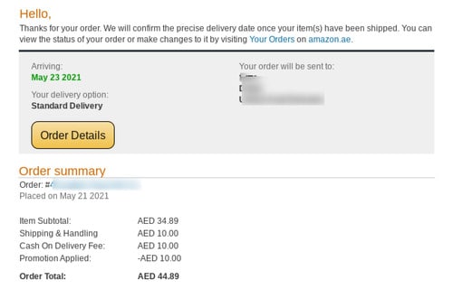 亚马逊交易电子邮件示例