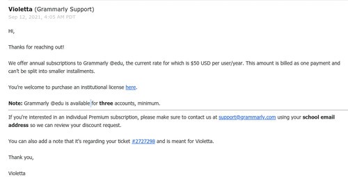 Ein Beispiel für die E-Mail-Antwort von Grammarly nach dem Absenden einer Support-Anfrage