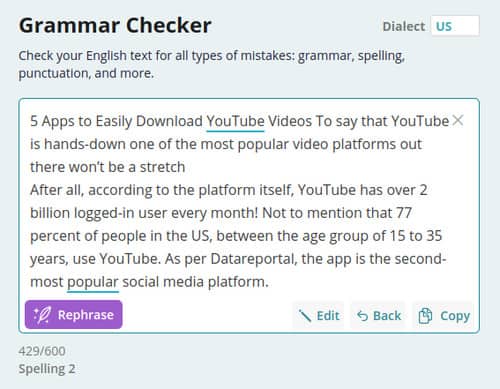 Ein Beispiel dafür, wie Ginger's Grammar Checker Fehler erkennt und automatisch korrigiert