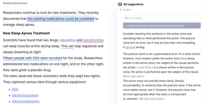 Ein Beispiel dafür, wie die Passiv- und Aktiv-Sprachprüfung von Grammarly Passivtexte kennzeichnet, wenn sie übermäßig verwendet werden