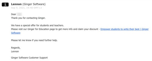 Ein Beispiel für Gingers E-Mail-Antwort nach dem Absenden einer Support-Anfrage