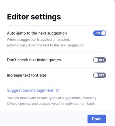Editor-Einstellungen von Grammarly