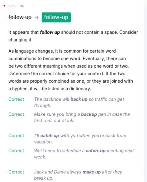 Grammarly bietet eine Worterklärung in der Rechtschreibprüfung