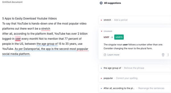 Ein Beispiel für die Grammatikprüfungsfunktion von Grammarly