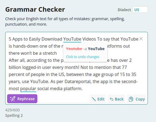 Ein Beispiel für Ginger's Grammar Checker, in dem keine zu ersetzenden Wörter vorgeschlagen wurden