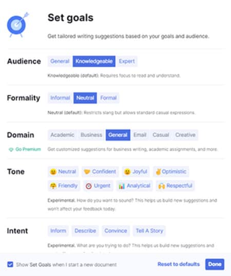 Grammarlys Schreibzielfunktionen