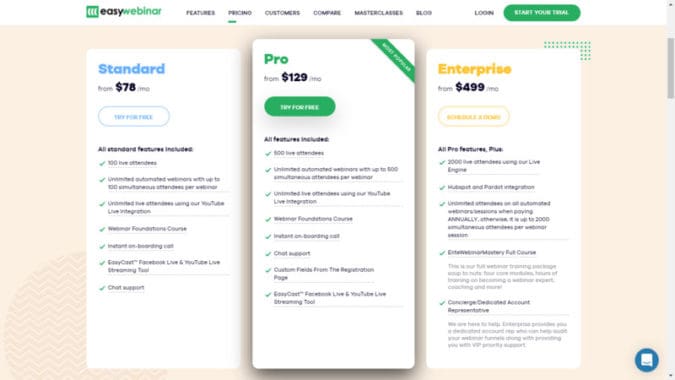 Plans tarifaires d'EasyWebinar