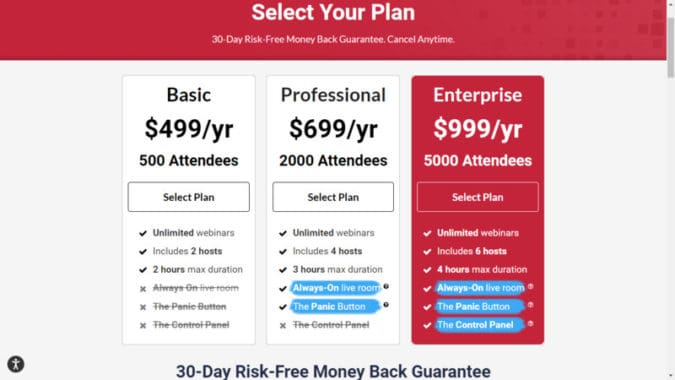 Plans tarifaires de WebinarJam